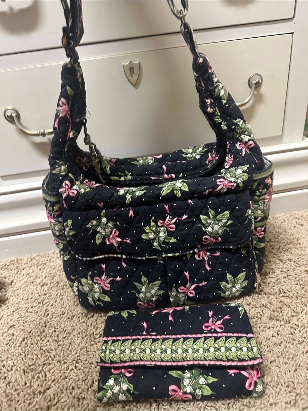 Vera Bradley Quilted Black Floral Crossbody Bag with Pink Accents